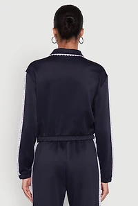 Womens Collared Crochet Trim Graphic Track Jacket, Blue, Size M
