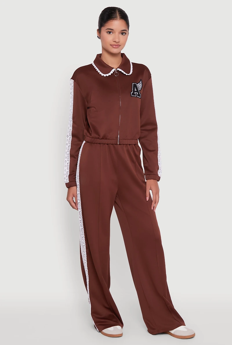 Womens Crochet Side Stripe Wide Leg Track Pants, Brown, Size S