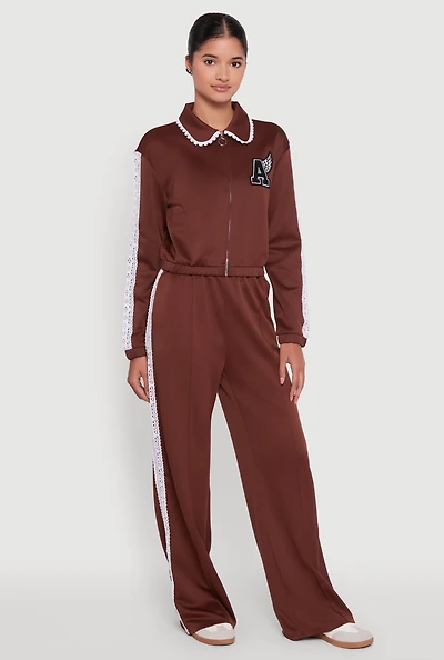 Womens Crochet Side Stripe Wide Leg Track Pants, Brown, Size S