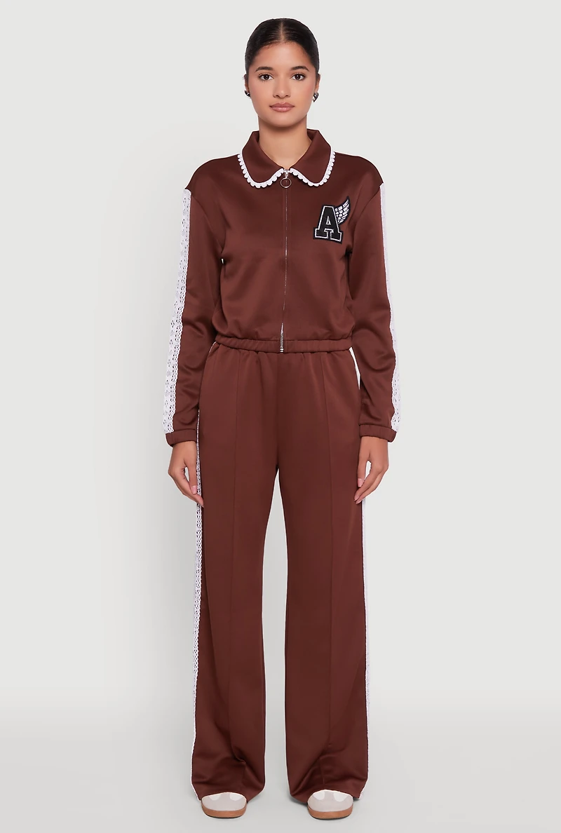 Womens Crochet Side Stripe Wide Leg Track Pants, Brown,