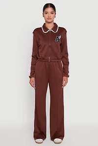 Womens Crochet Side Stripe Wide Leg Track Pants, Brown, Size S