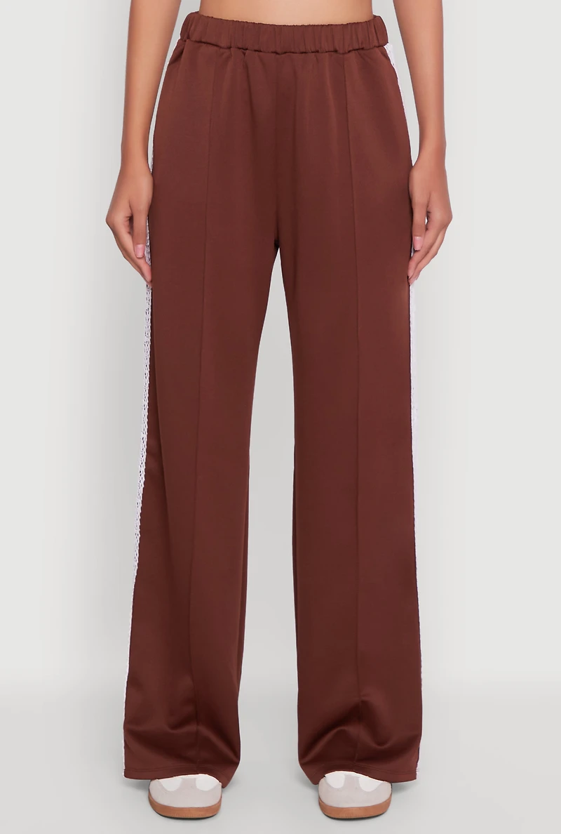 Womens Crochet Side Stripe Wide Leg Track Pants, Brown, Size S