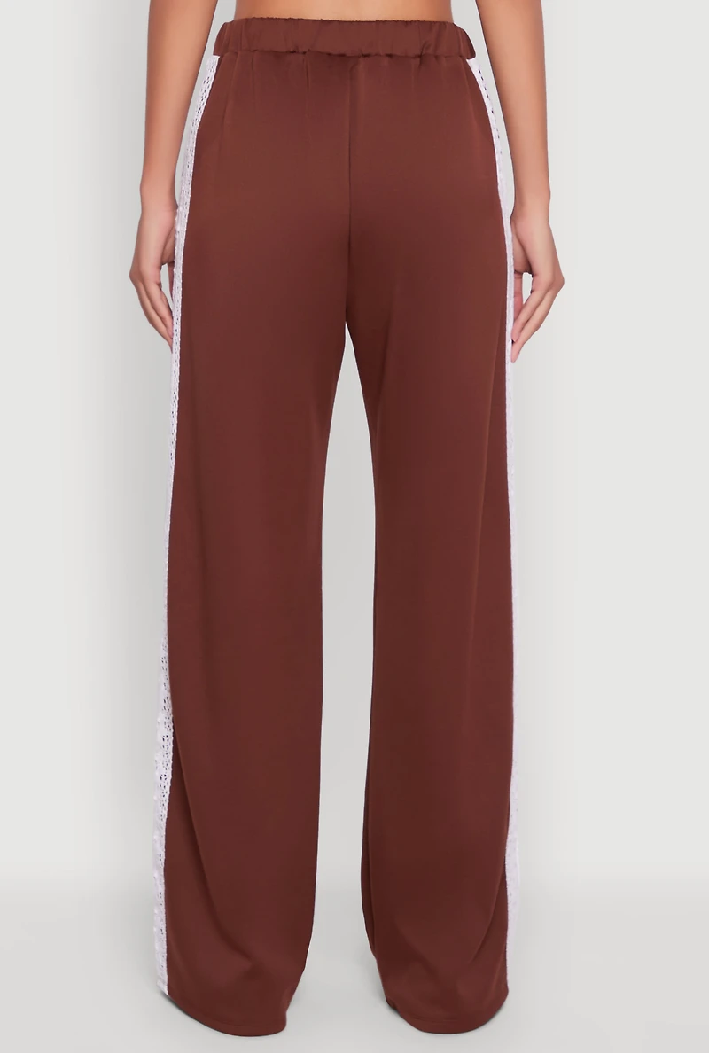 Womens Crochet Side Stripe Wide Leg Track Pants, Brown,