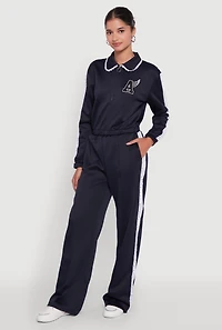 Womens Crochet Side Stripe Wide Leg Track Pants,