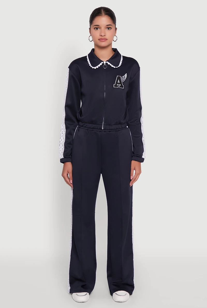 Womens Crochet Side Stripe Wide Leg Track Pants,