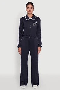 Womens Crochet Side Stripe Wide Leg Track Pants,