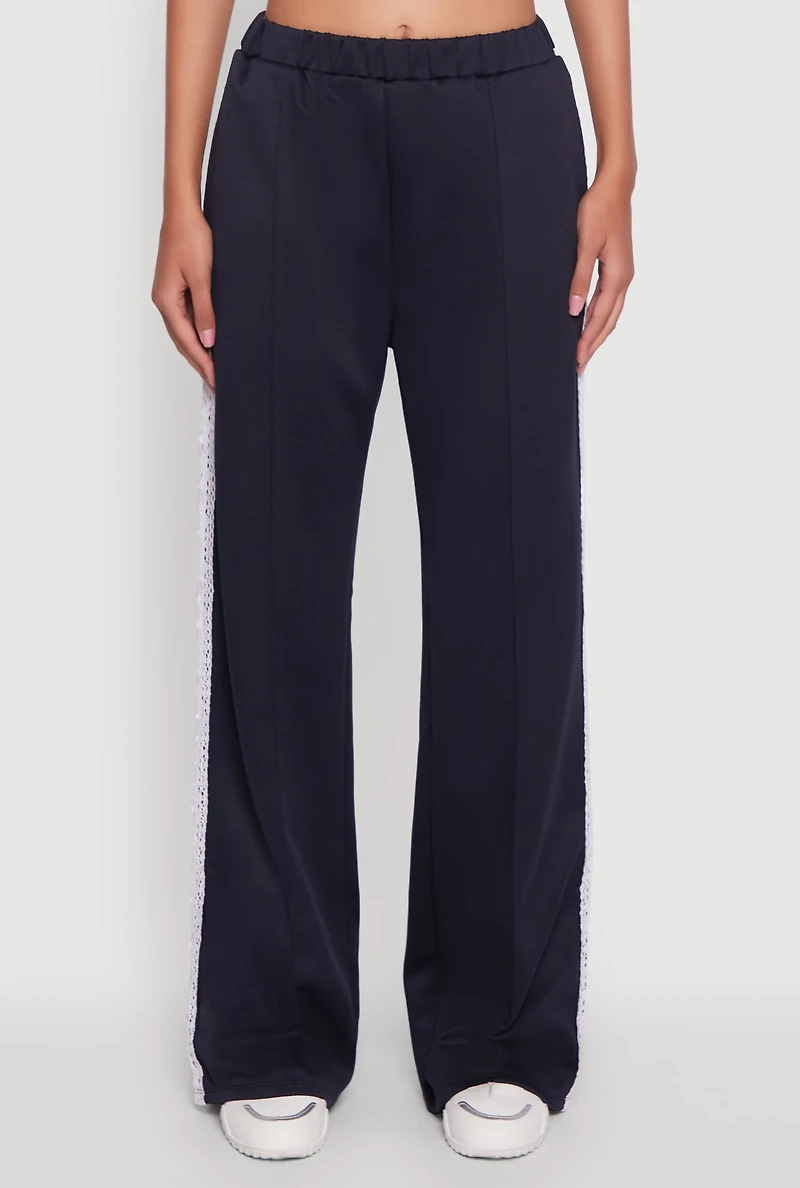 Womens Crochet Side Stripe Wide Leg Track Pants,