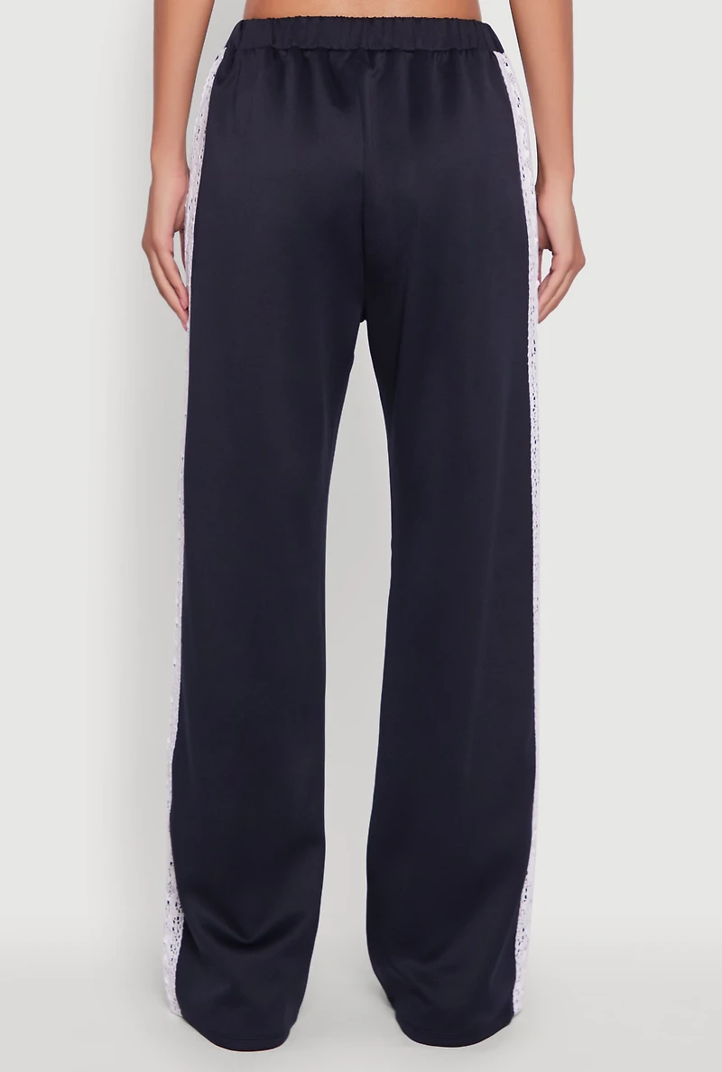 Womens Crochet Side Stripe Wide Leg Track Pants, Blue, Size M