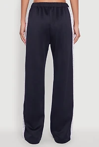 Womens Crochet Side Stripe Wide Leg Track Pants, Blue, Size M