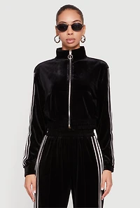 Womens Velour Side Stripe Mock Neck Zip Front Top, L