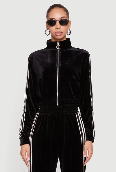 Velour Side Stripe Mock Neck Zip Front Top