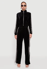 Womens Velour Side Stripe Mock Neck Zip Front Top, L