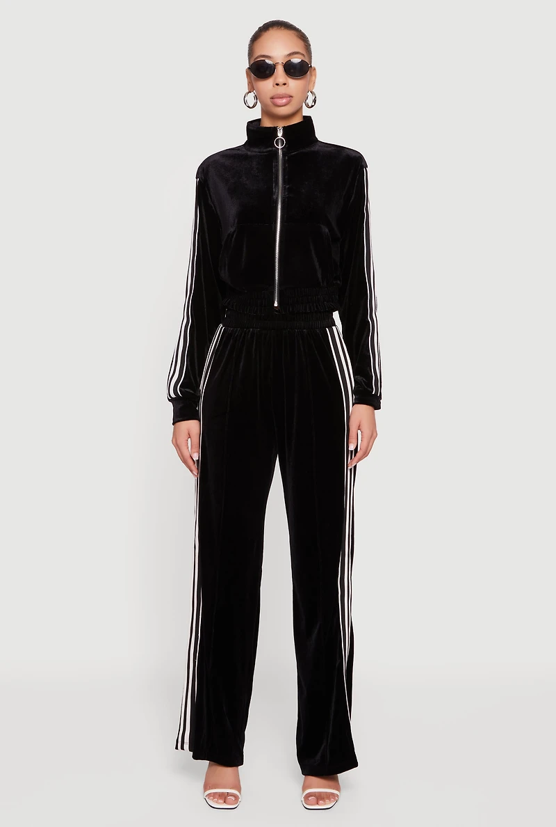 Velour Side Stripe Mock Neck Zip Front Top