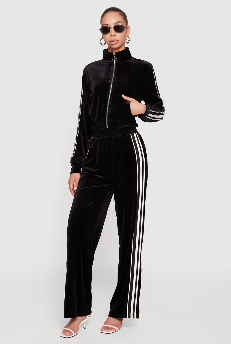 Velour Side Stripe Mock Neck Zip Front Top