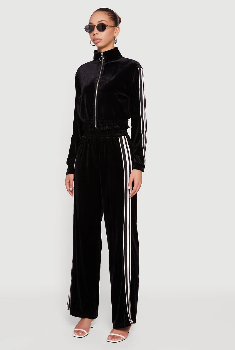 Womens Velour Side Stripe Mock Neck Zip Front Top, L