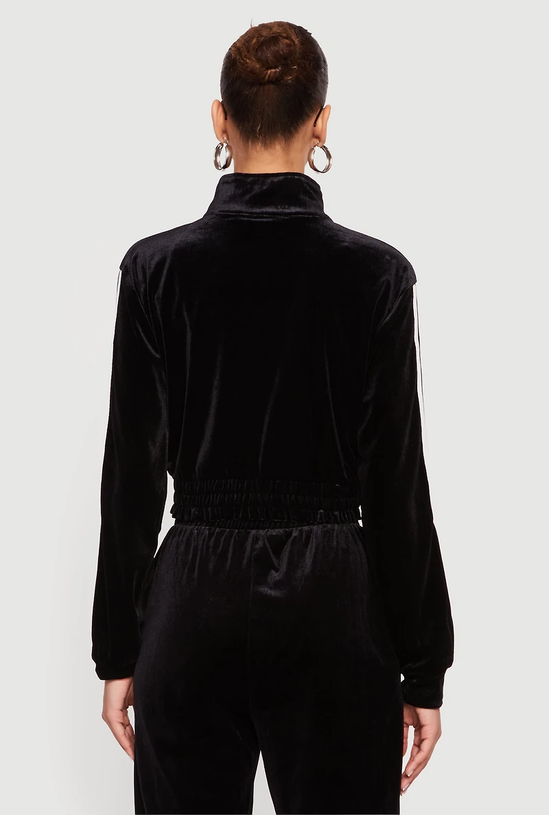 Velour Side Stripe Mock Neck Zip Front Top