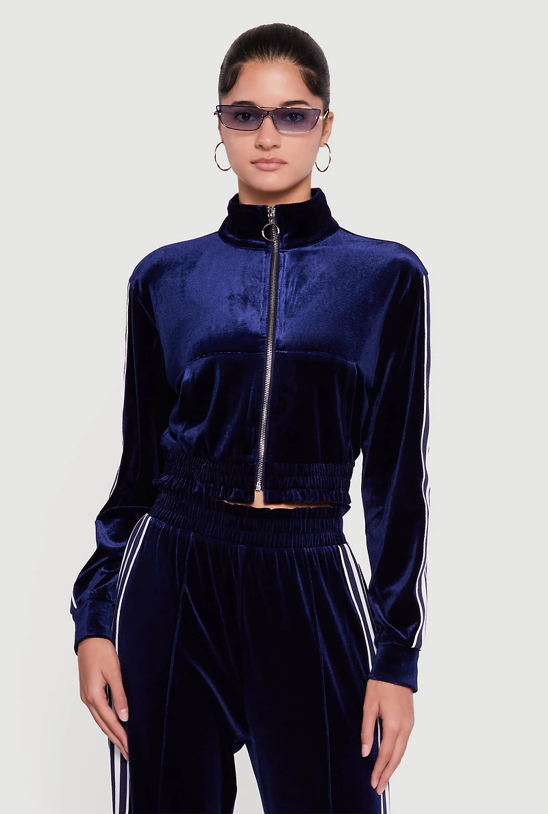 Velour Side Stripe Mock Neck Zip Front Top