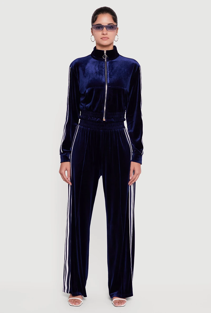 Velour Side Stripe Mock Neck Zip Front Top