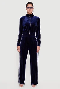 Velour Side Stripe Mock Neck Zip Front Top