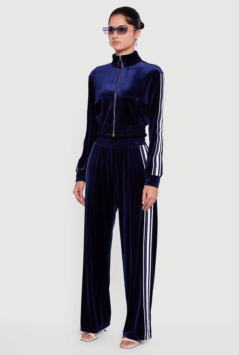 Velour Side Stripe Mock Neck Zip Front Top