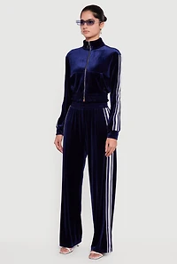 Velour Side Stripe Mock Neck Zip Front Top