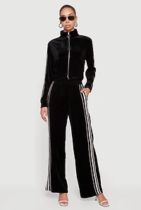 Womens Velour Side Stripe Pull On Straight Leg Pants, Black, Size L