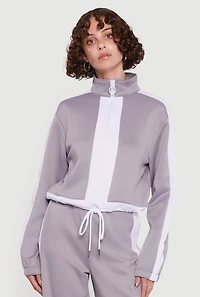 Womens Contrast Trim Half Zip Drawstring Hem Pullover Top, Grey,