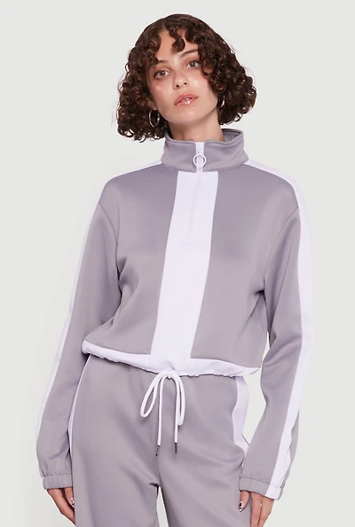 Womens Contrast Trim Half Zip Drawstring Hem Pullover Top, Grey,