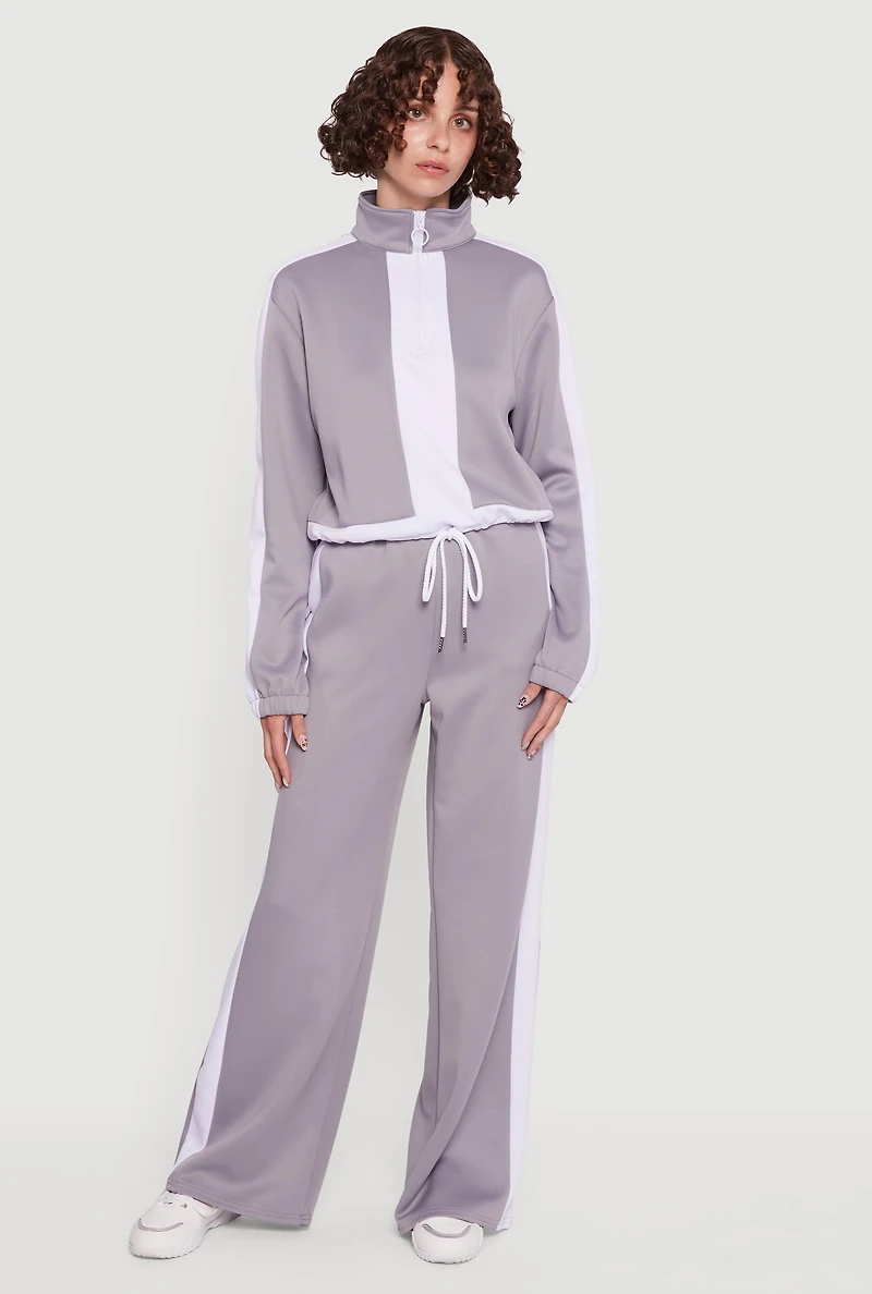 Womens Contrast Trim Half Zip Drawstring Hem Pullover Top, Grey,