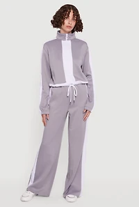 Womens Contrast Trim Half Zip Drawstring Hem Pullover Top, Grey,