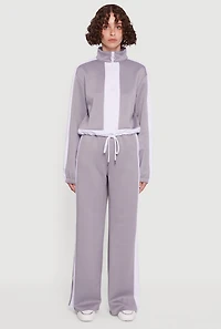 Womens Contrast Trim Half Zip Drawstring Hem Pullover Top, Grey,