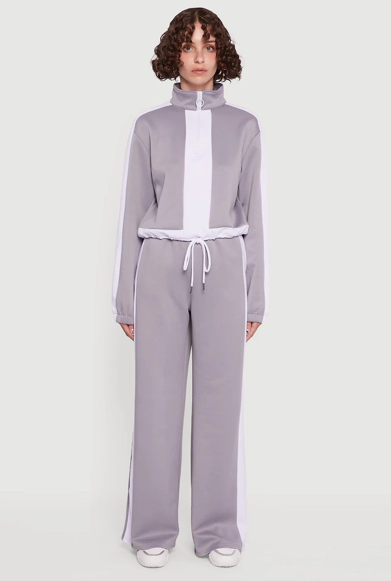 Contrast Trim Half Zip Drawstring Hem Pullover Top