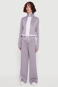 Womens Contrast Trim Half Zip Drawstring Hem Pullover Top, Grey,