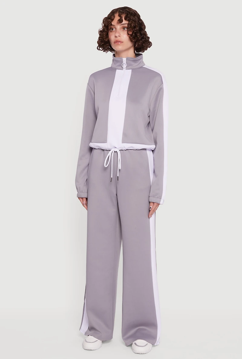 Contrast Trim Half Zip Drawstring Hem Pullover Top