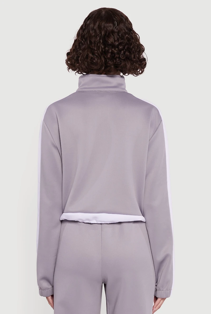 Womens Contrast Trim Half Zip Drawstring Hem Pullover Top, Grey,