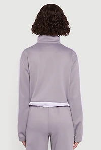 Womens Contrast Trim Half Zip Drawstring Hem Pullover Top, Grey,