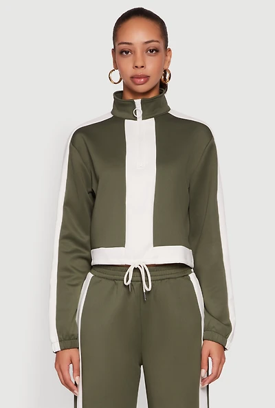 Womens Contrast Trim Half Zip Drawstring Hem Pullover Top, Green, Size L