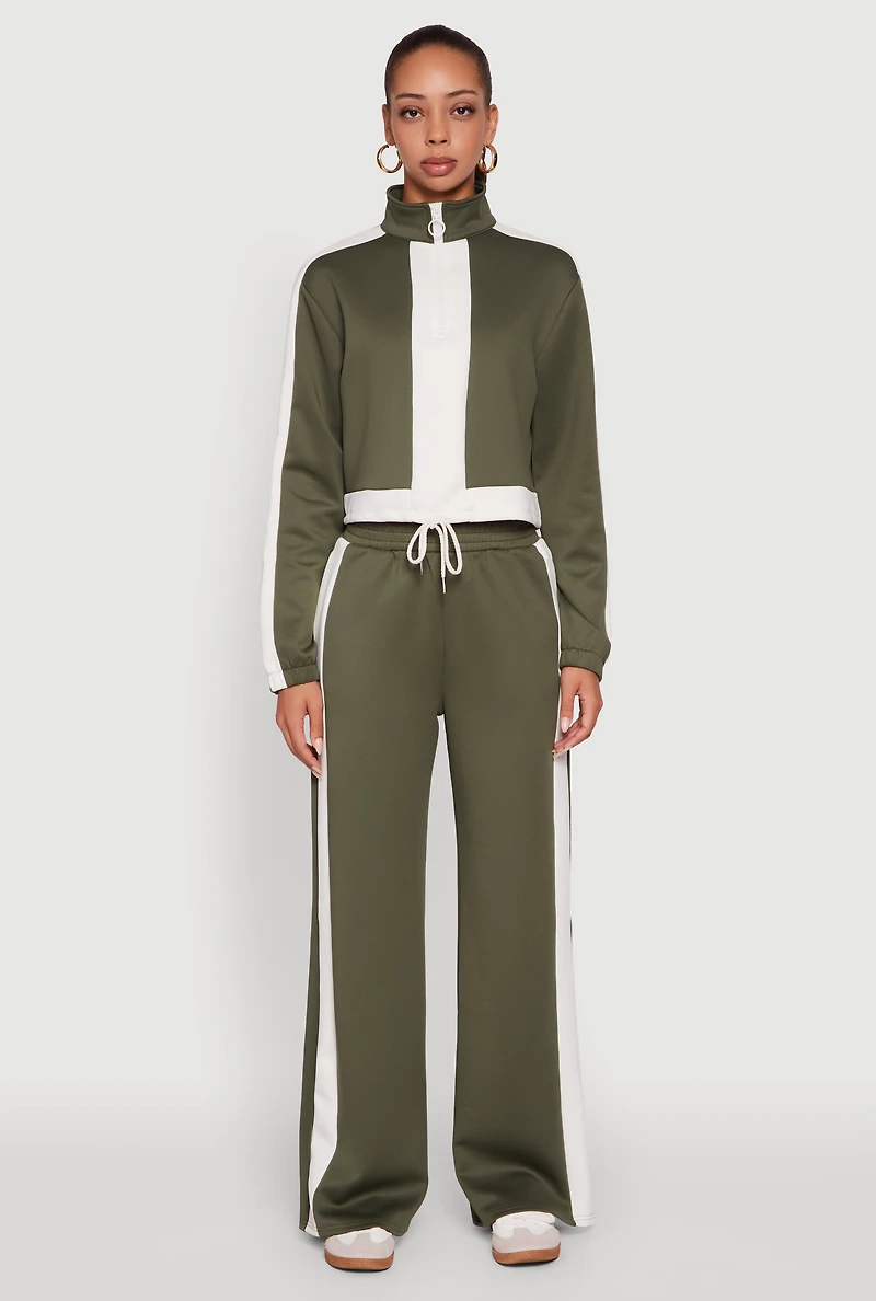 Contrast Trim Half Zip Drawstring Hem Pullover Top