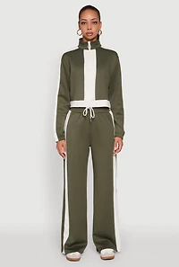 Contrast Trim Half Zip Drawstring Hem Pullover Top