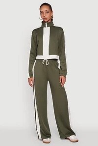 Womens Contrast Trim Half Zip Drawstring Hem Pullover Top,