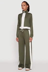 Womens Contrast Trim Half Zip Drawstring Hem Pullover Top,