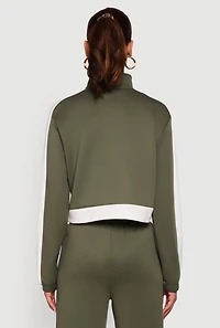 Womens Contrast Trim Half Zip Drawstring Hem Pullover Top,