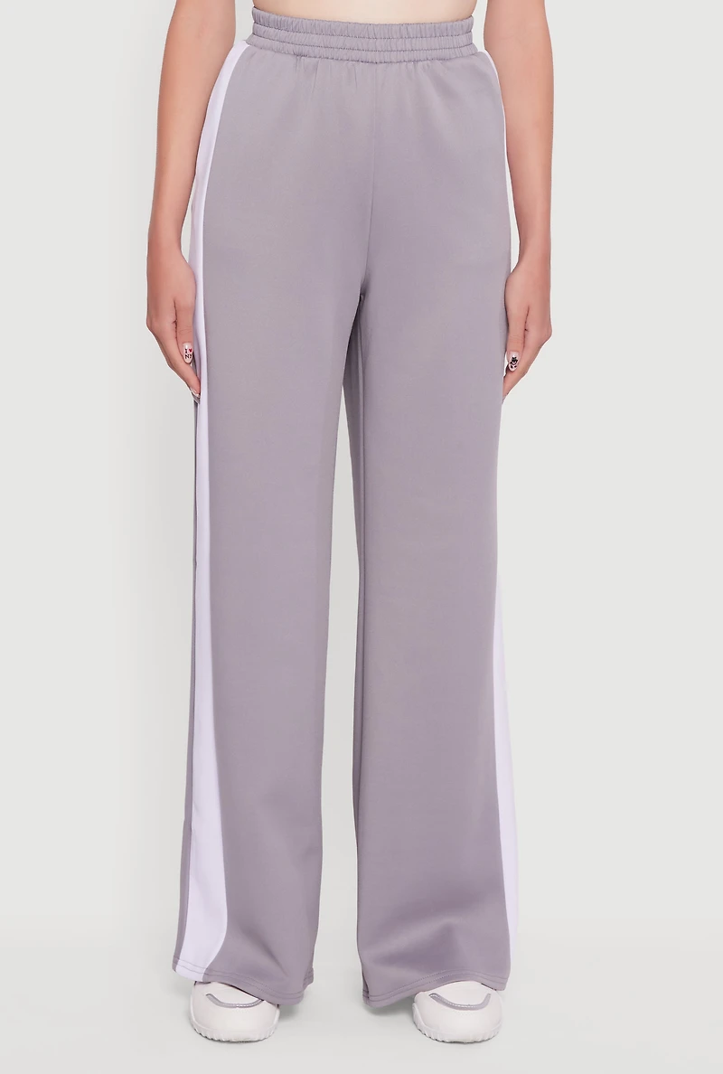 Womens Wide Leg Active Pants with Side Stripe, Grey, Size L