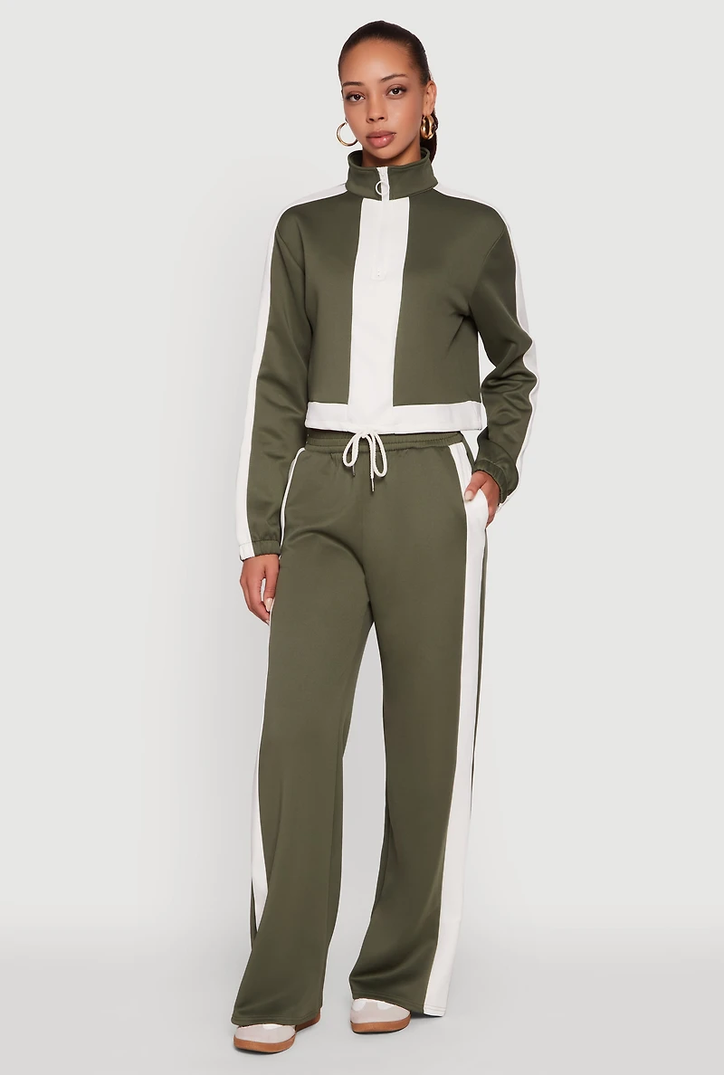 Womens Wide Leg Active Pants with Side Stripe, Green, Size XL