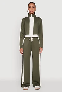 Womens Wide Leg Active Pants with Side Stripe, Green, Size XL