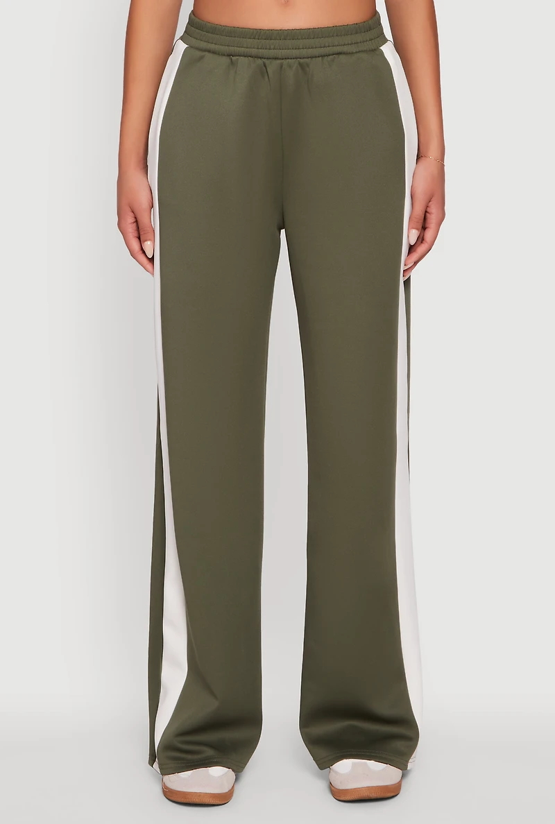 Womens Wide Leg Active Pants with Side Stripe, Green, Size XL