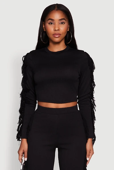 Womens Textured Knit Long Sleeve Fringe Crop Top,