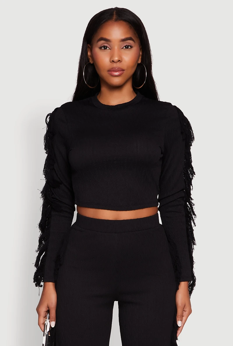 Womens Textured Knit Long Sleeve Fringe Crop Top, Black,