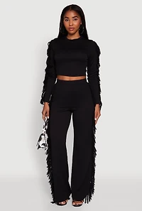 Womens Textured Knit Long Sleeve Fringe Crop Top, Black,