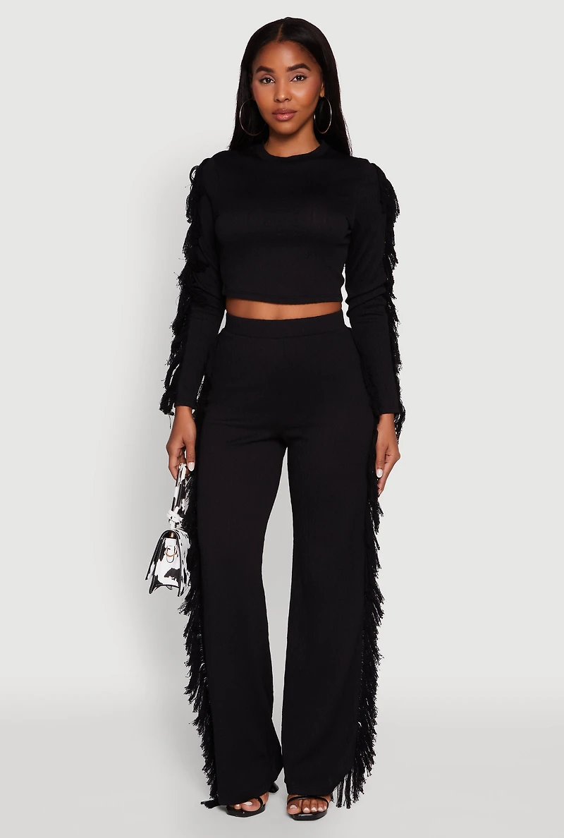 Womens Textured Knit Long Sleeve Fringe Crop Top, Black, Size L